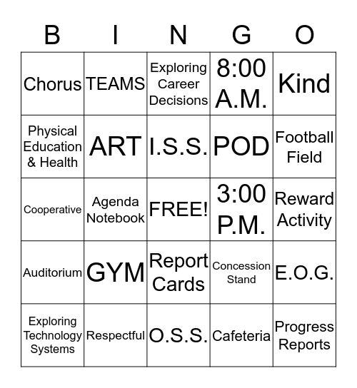 Ledford Middle School Bingo Card
