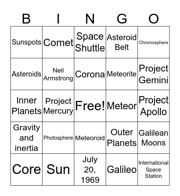 SPACE Bingo Card