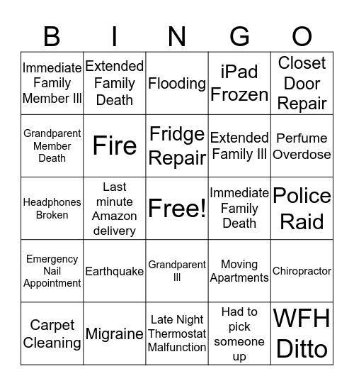 Excuse Bingo Card