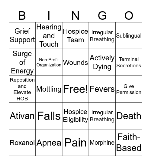 Angela Hospice Bingo Card
