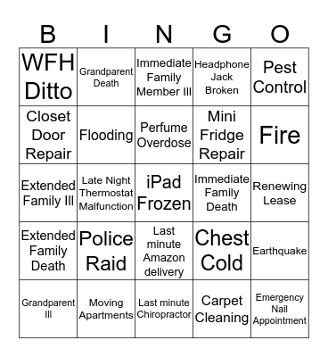 Excuse Bingo Card