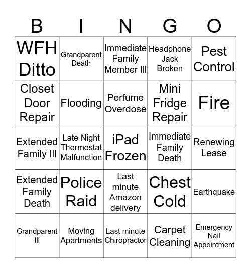 Excuse Bingo Card