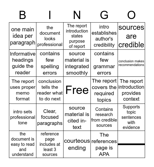 Memo Report Bingo Card