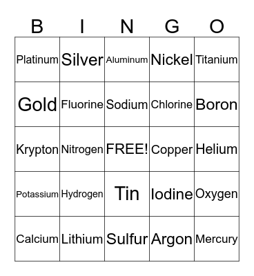 Periodic table Bingo Card