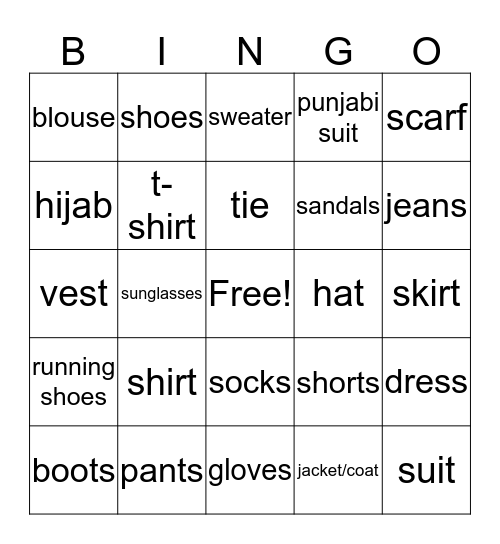 clothing  Bingo Card