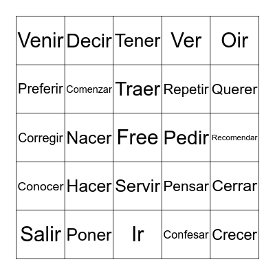 Irregular verbs (G, I, & IE plus Ver & Ir) Bingo Card