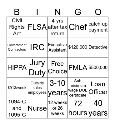 Payroll Bingo Card