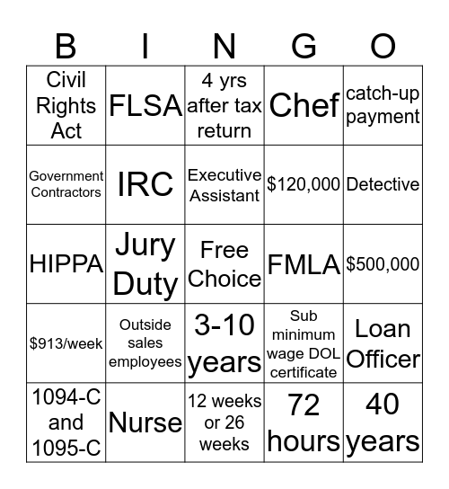 Payroll Bingo Card