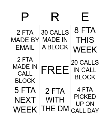 PRE Bingo  Bingo Card