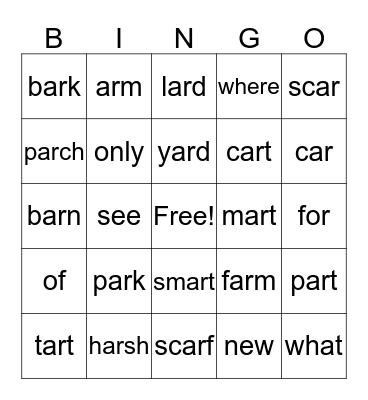 r controlled -ar Bingo Card