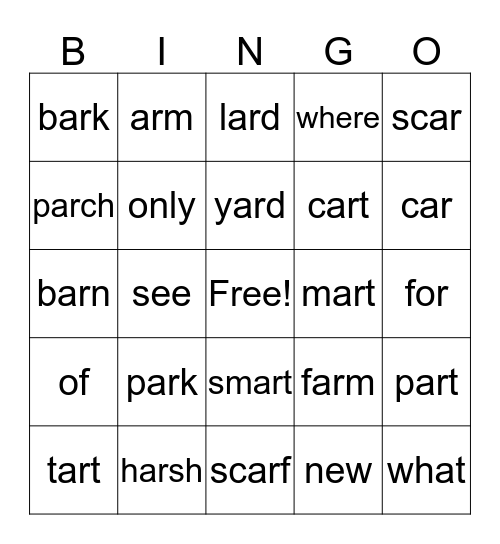 r controlled -ar Bingo Card