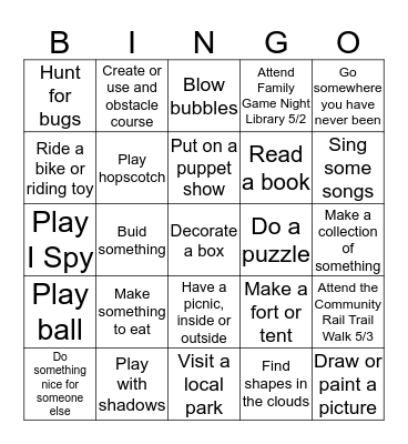 Screen Free Week Bingo Card