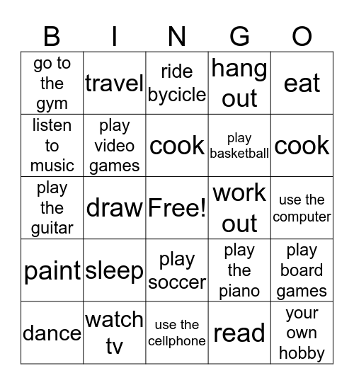 Favorite Pastime Bingo Card