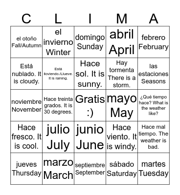 El Tiempo Bingo Card