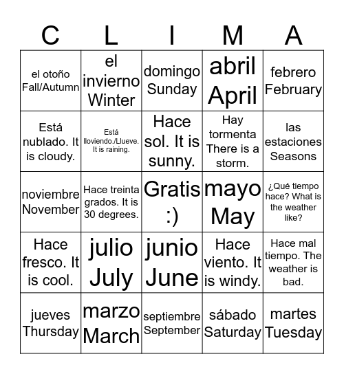 El Tiempo Bingo Card