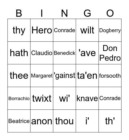 Shakespeare Much ado Bingo Card