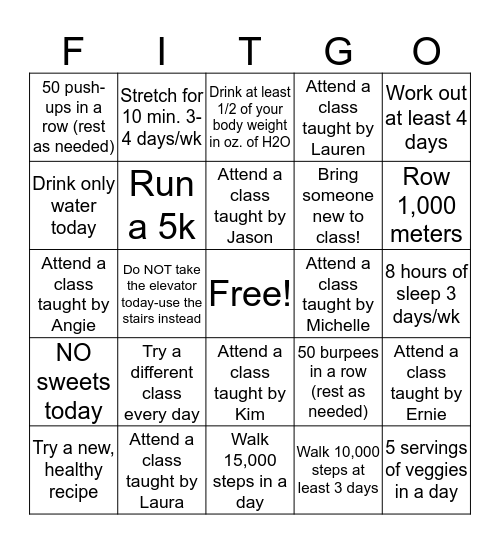May Fitness Challenge Bingo Card
