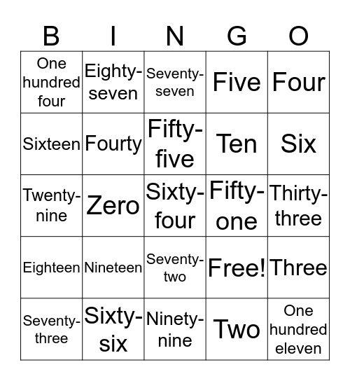 Number Bingo Card