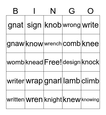 Silent Letters Bingo Card