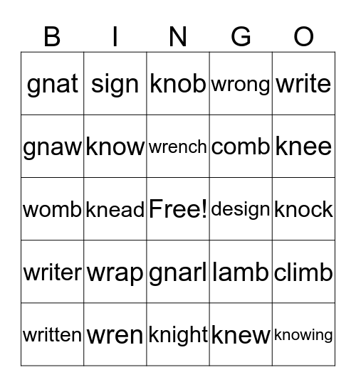 Silent Letters Bingo Card