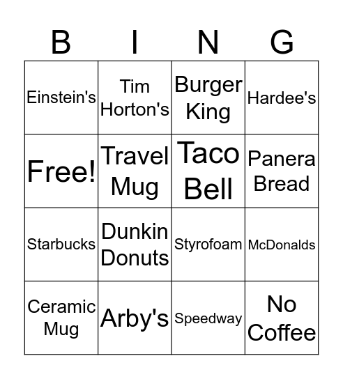 Coffee Bing Bingo Card
