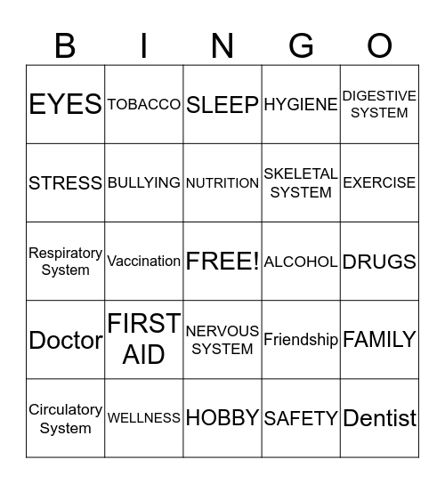 HEALTH Bingo Card