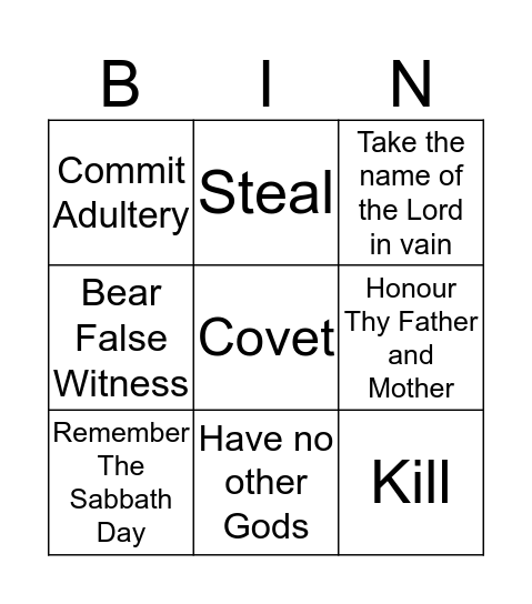 Ten Commandments Bingo Card