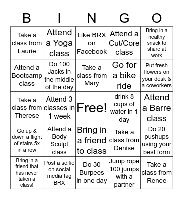 BRX Fitness Bingo Card