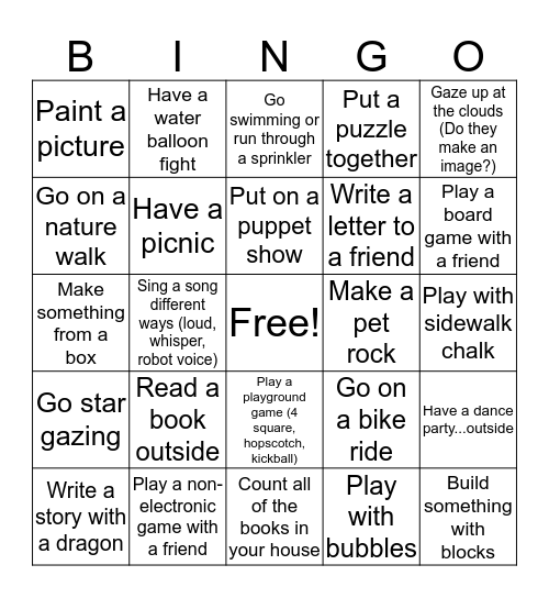 Active Summer Days Challenge Bingo Card