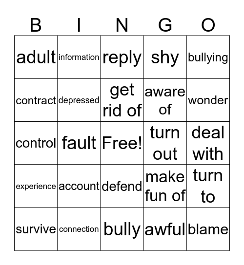 SAY NO TO BULLYING Bingo Card