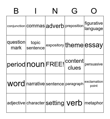 LANGUAGE ARTS TERMS Bingo Card