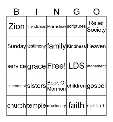 Relief Society Game Night  Bingo Card