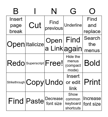 Chromebook Bingo (Common Actions & Text Fomatting) Bingo Card