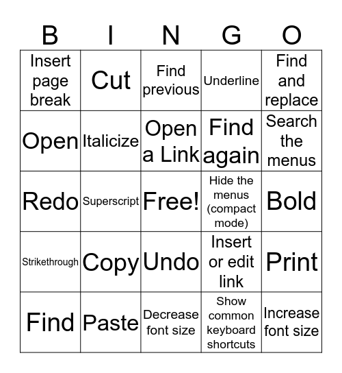 Chromebook Bingo (Common Actions & Text Fomatting) Bingo Card