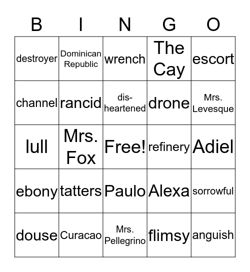 The Cay Ch. 1-10 Vocabulary Bingo Card
