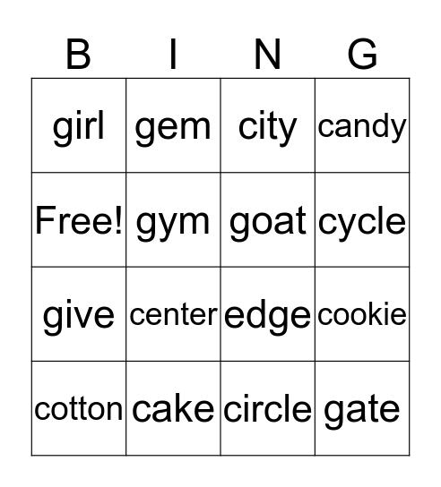 Hard and Soft C and G Bingo Card