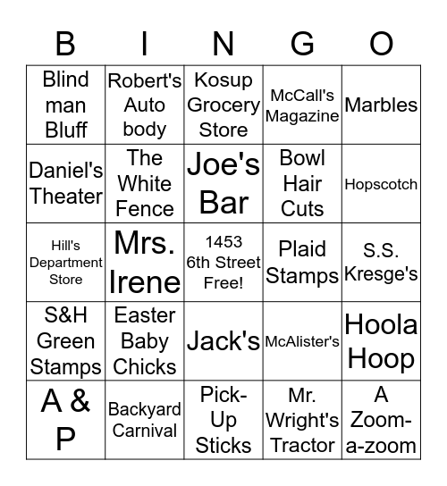 A Blast From The Past Bingo Card