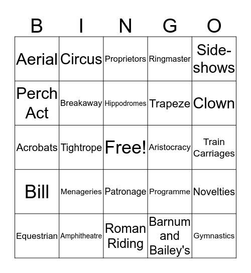 Circus Bingo  Bingo Card