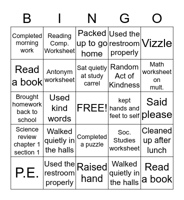 Bob's Behavior Bingo Card