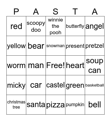 Pasta Bingo Card