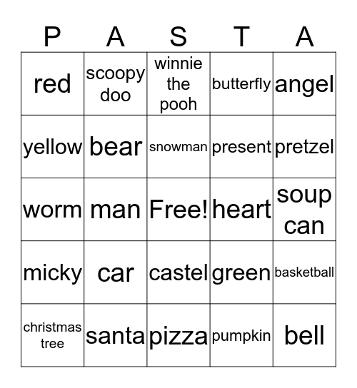 Pasta Bingo Card