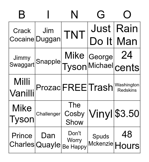 1988 Trivia Bingo Card