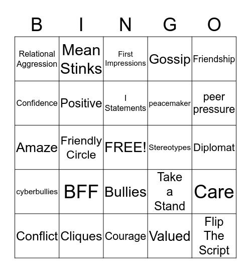 No BULLYING BINGO Card
