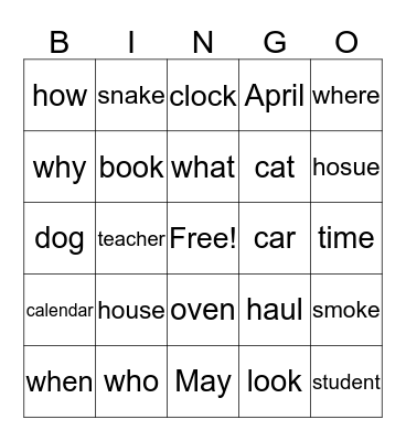 question words Bingo Card