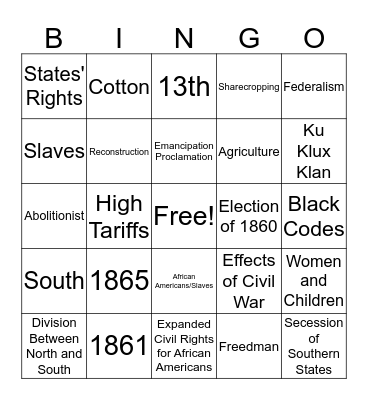 Civil War/Reconstruction Bingo Card