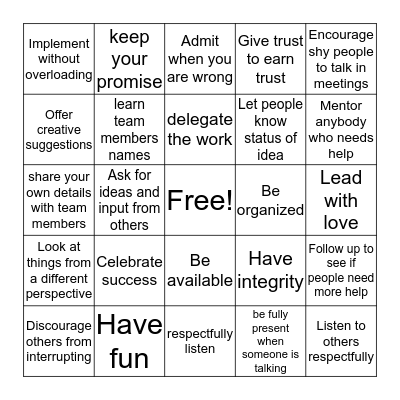 Leadership Workshop Bingo Card