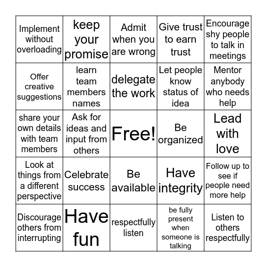 Leadership Workshop Bingo Card