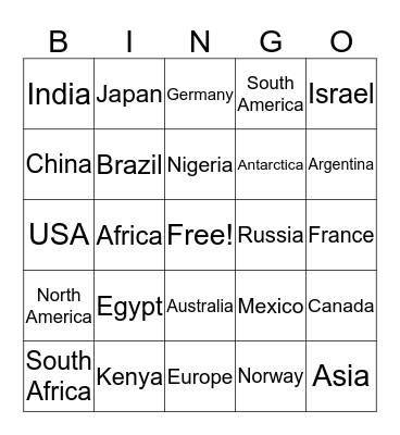 Synergy Geography Bingo Card