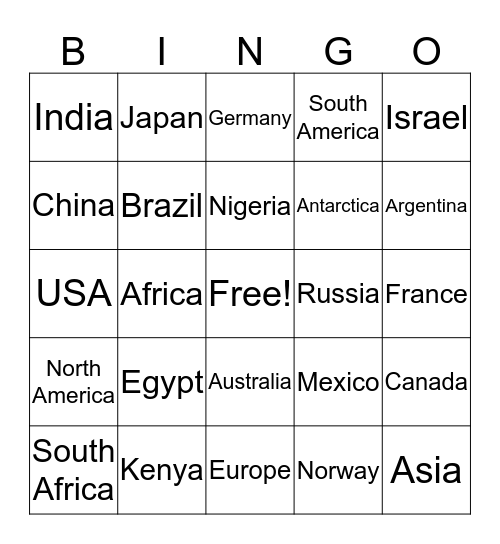 Synergy Geography Bingo Card