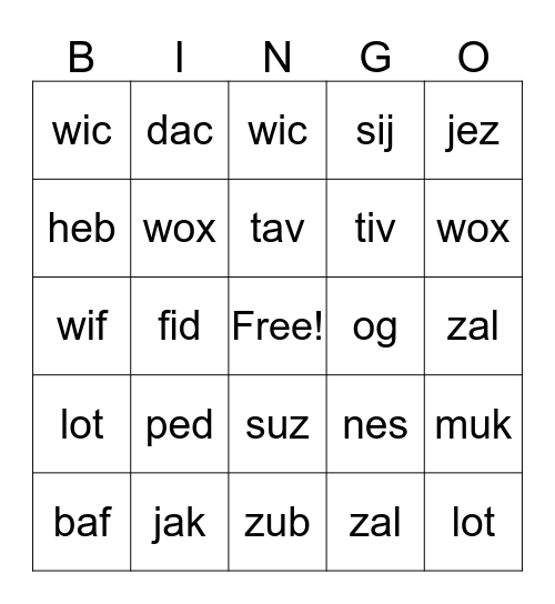 NONSENSE WORDS Bingo Card